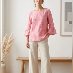 Charter Club Top L Pink 100% Linen Embroidered Floral Blouse Bell Sleeves Boho